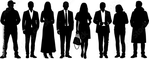Black silhouettes of diverse professional men and women standing together in a row, business people and casual characters, vector illustration.