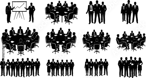 Black silhouettes of business people in meetings, corporate teams sitting at round tables, and professional groups presenting data, vector illustration.