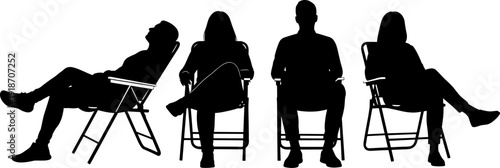 Silhouettes of casual people sitting in folding chairs, relaxing, talking, and resting in various poses for leisure and lifestyle concepts.
