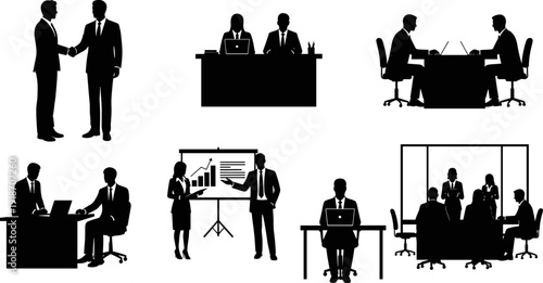 Professional business silhouettes set featuring corporate office scenes with handshakes, presentations, meetings, teamwork, and people working at desks in suits.