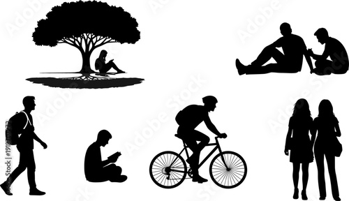 Silhouettes of people engaged in outdoor activities like cycling, walking, sitting under trees, and relaxing in a park setting.