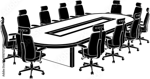 Empty conference room with long oval table and black office chairs set for corporate business meeting or boardroom presentation.