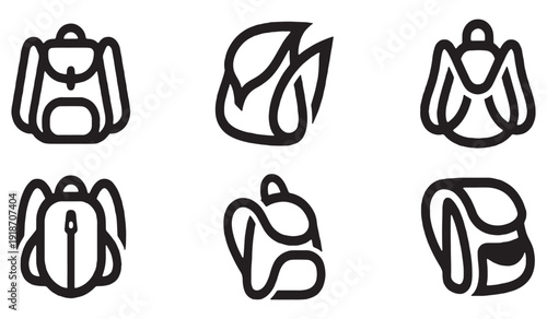 Collection of stylized backpack icons representing different designs and perspectives, perfect for travel or outdoor activity themes.