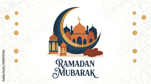 Ramadan Mubarak greeting with mosque, crescent moon, lanterns, and dates