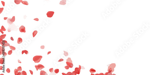 Falling red rose petals against a stark black background
