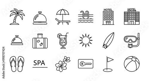 Travel icons depicting vacation elements in a linear style silhouette