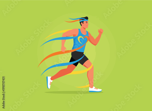 Energetic runner sprinting towards finish line with colorful ribbons, motion blur effect.