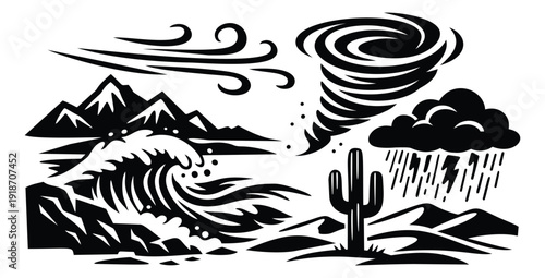 Stylized graphic natural forces set featuring mountains, an ocean wave, wind, a tornado, a rain cloud with lightning, and a desert cactus for environmental concepts