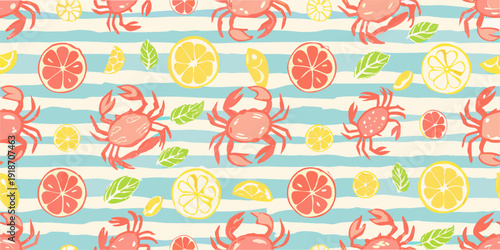 A colorful summer pattern featuring crabs citrus fruits and leaves