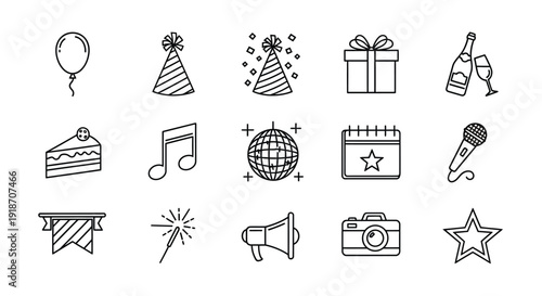 Celebration icons including gifts music and party decorations silhouette