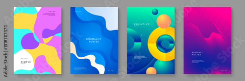 A collection of four vibrant posters featuring liquid abstract shapes and fluid gradients for contemporary wall art and professional branding projects