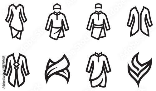 Collection of Islamic clothing icons and symbols for men and women, representing traditional attire and cultural elements.