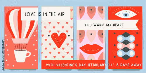 Four valentine s day themed cards with hearts balloons and affectionate phrases