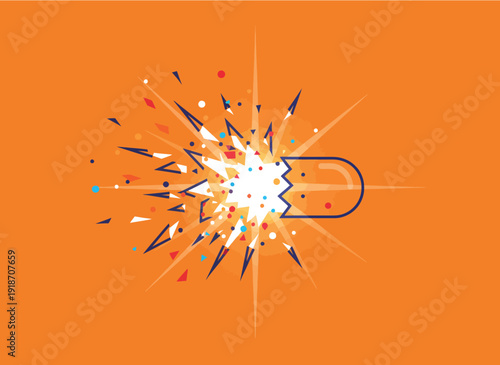 Explosive burst of energy with a magnet attracting particles, creative illustration.