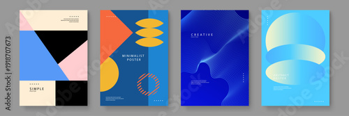 A versatile set of four geometric posters featuring Bauhaus inspiration with flat shapes circles and waves in blue orange and pastel pink tones