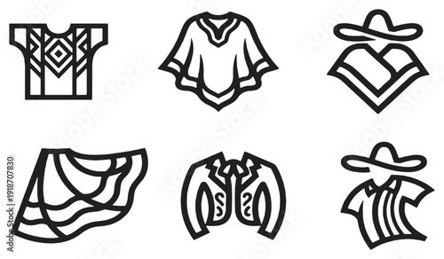 Set of six flat line icons representing traditional Mexican clothing and accessories.