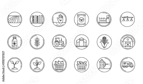 Minimal agriculture outline badge icon set with field sowing fertilizer agro industry nutrition symbols isolated on transparent background