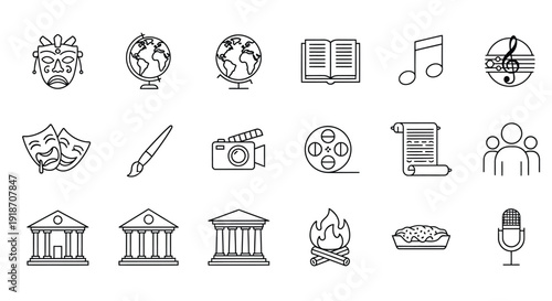 Collection of artistic and cultural icons in linear style silhouette