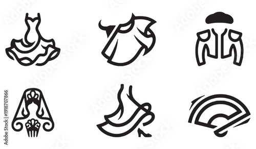 Collection of stylized icons representing elements of Spanish flamenco culture and attire.