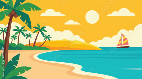 Vibrant tropical beach landscape with palm trees, ocean, and sailboat under a sunny sky