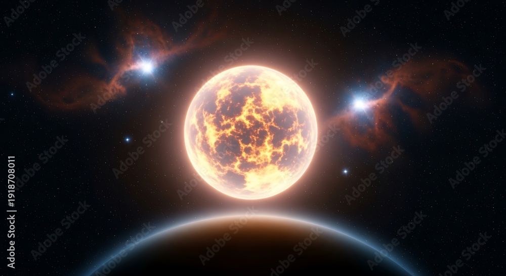 Obraz premium Fiery Exoplanet with Binary Stars and Distant Planet.