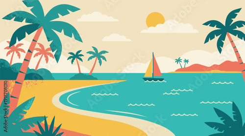 Stylized tropical beach with palm trees, ocean, and sailboat under sunny sky
