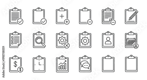Collection of clipboard icons with various symbols a linear silhouette