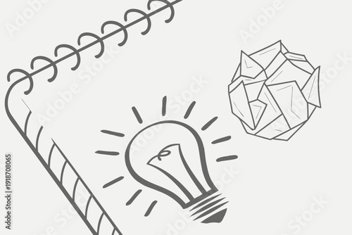 Hand drawn lightbulb and crumpled paper on a notepad symbolizing creative brainstorming and idea generation.