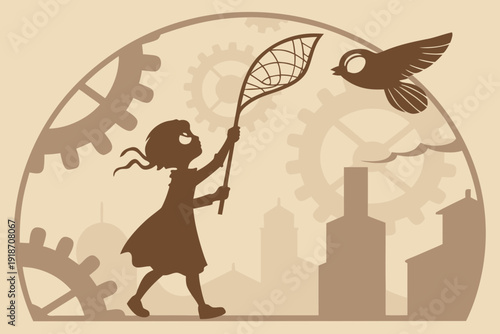 Silhouette of a girl with a net chasing a bird against a steampunk cityscape with gears