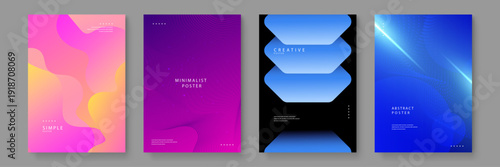 Comprehensive collection of four premium abstract posters featuring fluid waves particle lines and vibrant neon gradients for modern media