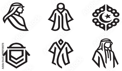 Collection of Islamic cultural icons and symbols, including traditional clothing and religious emblems.