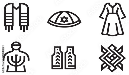 Collection of Jewish religious symbols and clothing icons, including a tallit, kippah, dress, menorah, vest, and Star of David pattern.