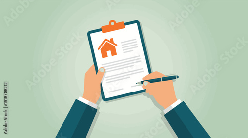 Hands signing a real estate contract with a house icon illustration