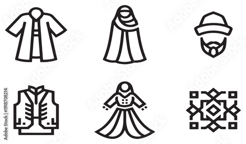 Set of Islamic traditional clothing icons and cultural patterns, vector illustration.