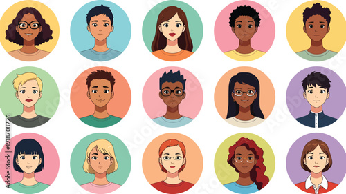 Collection of diverse illustrated avatars showcasing various young individuals with different skin tones hair styles and accessories suitable for user profiles and community representation