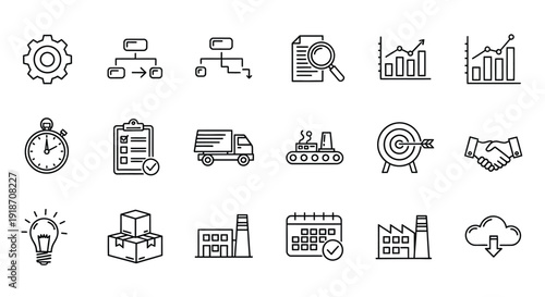 Business and industry icons depicting progress and logistics silhouette