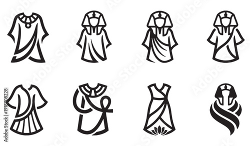 Collection of stylized icons representing ancient Egyptian clothing and headdresses, presented in a clean, minimalist line art style.