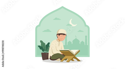Illustration of Muslim man reading Quran on rehal with mosque background