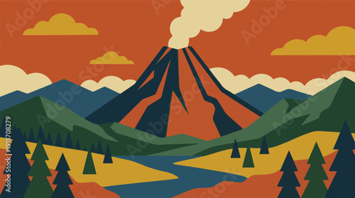 Minimalist graphic illustration of an erupting volcano in a vibrant landscape