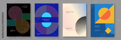 Collection of four diverse poster templates featuring retro lines and bold geometric compositions for modern corporate communication