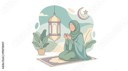 Muslim woman praying with traditional lantern and crescent moon