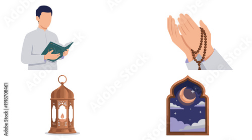 Islamic symbols and traditions for Ramadan, prayer, and religious observances