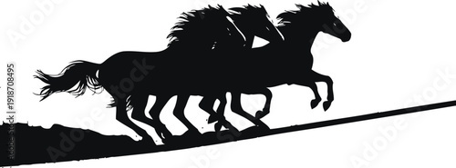 Adobe Illustrator ArtworkStriking black and white silhouette illustration capturing three powerful wild horses galloping together across a rugged landscape in dynamic motion vector art
