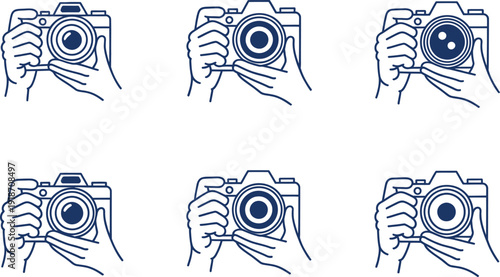 Six of hands holding a camera in various ways