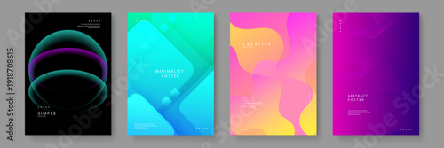 Set of four diverse poster designs including dark futuristic glass and bright geometric styles
