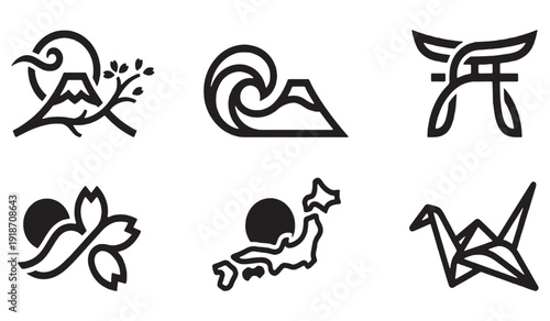 Collection of Japanese cultural symbols and icons including Mount Fuji, Torii gate, cherry blossoms, Japan map, and origami crane.