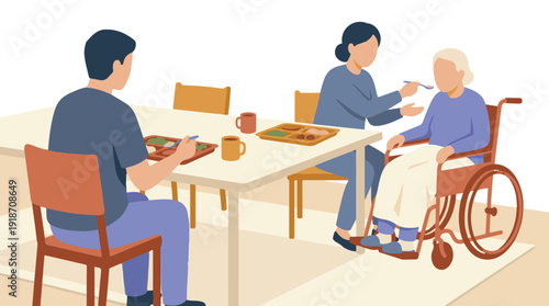 Caregiver feeding elderly woman in wheelchair at mealtime in a facility