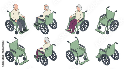 Isometric illustration set of seniors in wheelchairs and empty wheelchairs