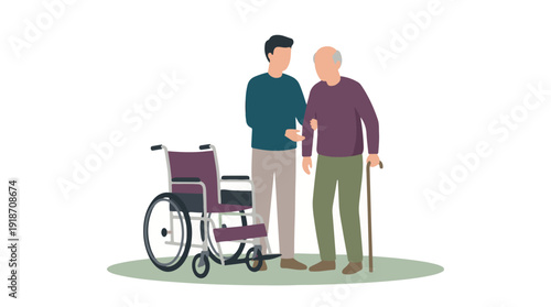 Young man helping elderly person with disabilities and mobility aids