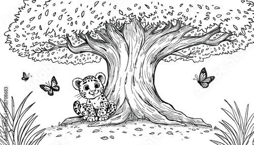 Adorable cartoon baby leopard cub sitting happily at the base of a large spreading tree surrounded by fluttering butterflies in a delightful black and white outline illustration perfect for coloring a